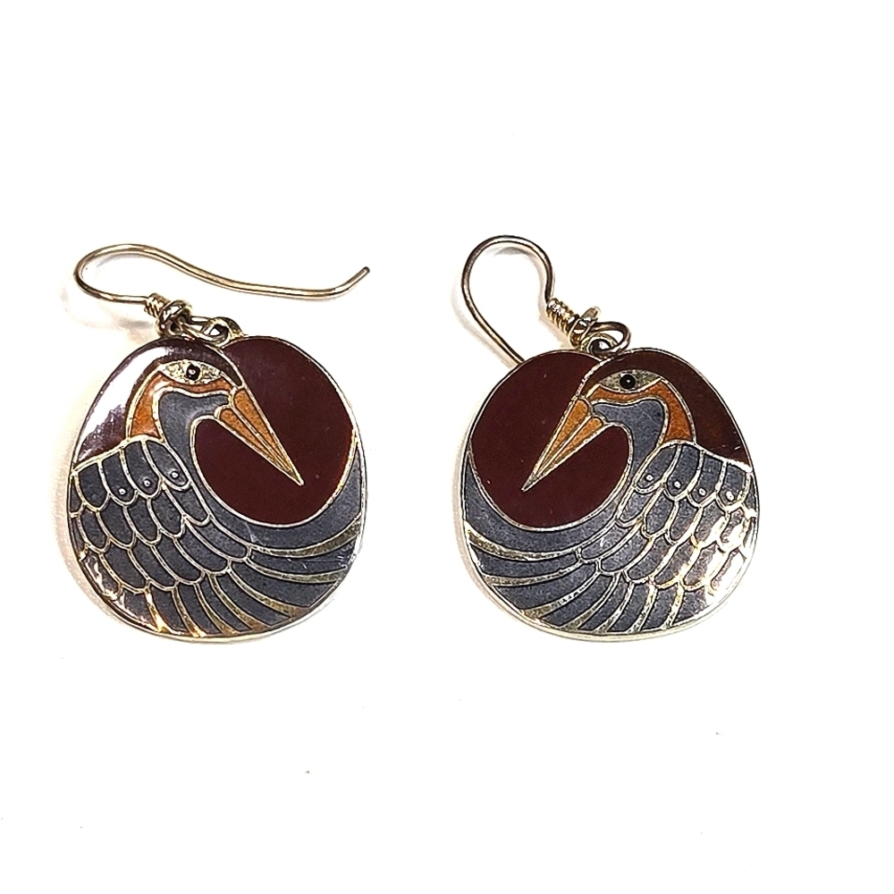 Vintage Laurel Burch Nile Bird Cloisonne Goldtone Fishhook Earring Dark Red Blue